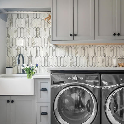 Vamos Tile Glossy Dolomite White Backsplash Tile Peel and Stick, 12.8 x 12.8 Inch 10 Sheets Long Hexagon PVC Self Adhesive Mosaic Wall Tiles Stick on Backsplash for Kitchen and Bathroom