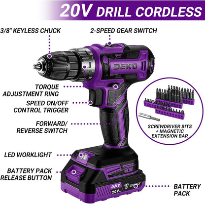 Cordless Drill Tool Kit Set: 20V Power Drill Tool Box with Battery Electric Drill Driver for Men Home Hand Repair Basic Toolbox Tools Sets Drills Case