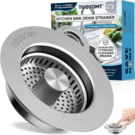 Sink Drain Strainer 3 in 1, 304 Stainless Steel Pop Up Kitchen Sink Stopper with Anti-Clogging Basket, Kitchen Essential Drain Anti-Clog Gadgets, Fits US Standard 3-1/2'' Sink Drain (SUS 304 Brushed)