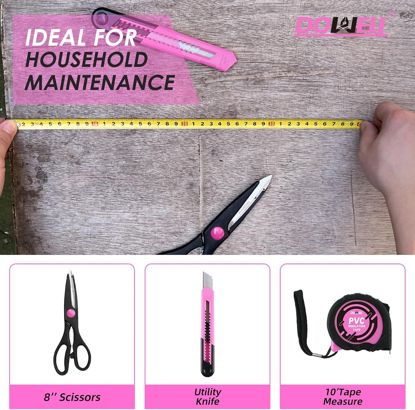 DOWELL 40 Pieces Home Tool Set Pink, General Household Hand Tool Kit with Plastic Toolbox Storage Case, Mini Repair Tool kit for Women, College Students, Home Use & More