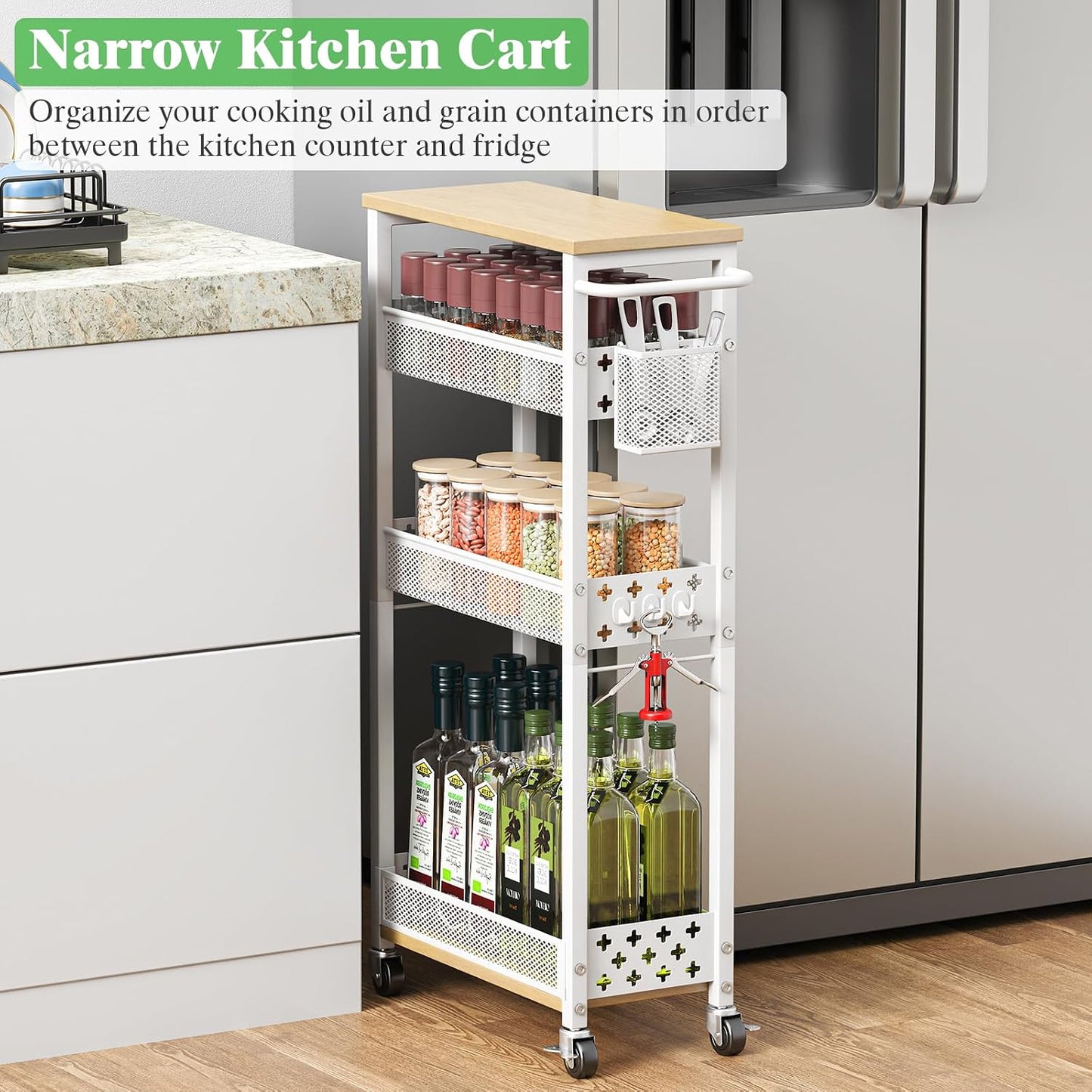 4 Tier Slim Rolling Storage Cart, Laundry Room Cart on Wheels, Small Metal Bathroom Cart Kitchen Organizer Trolley with Handle and Mesh Basket, 7.1 inch Width for Narrow Space, Black