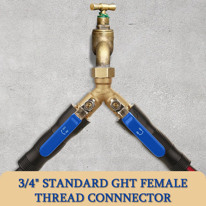 Garden Water Hose Splitter - RV Water Splitter 2 Way Heavy Duty Brass Spigot Hose Splitter - Outdoor Y Hose Bib 2 Valves with 2 Extra Rubber Washers for 3/4" Hose Connector (Blue)