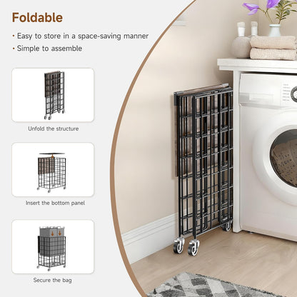 Laundry Basket with Wheels, Heavy Duty Laundry Sorter 2 Sections, 120L (32Gal.) Large Capacity Laundry Hamper with Wood Lid, 360 Rolling Wheels, Extra Side Pocket, Leather Pull Handle, Beige