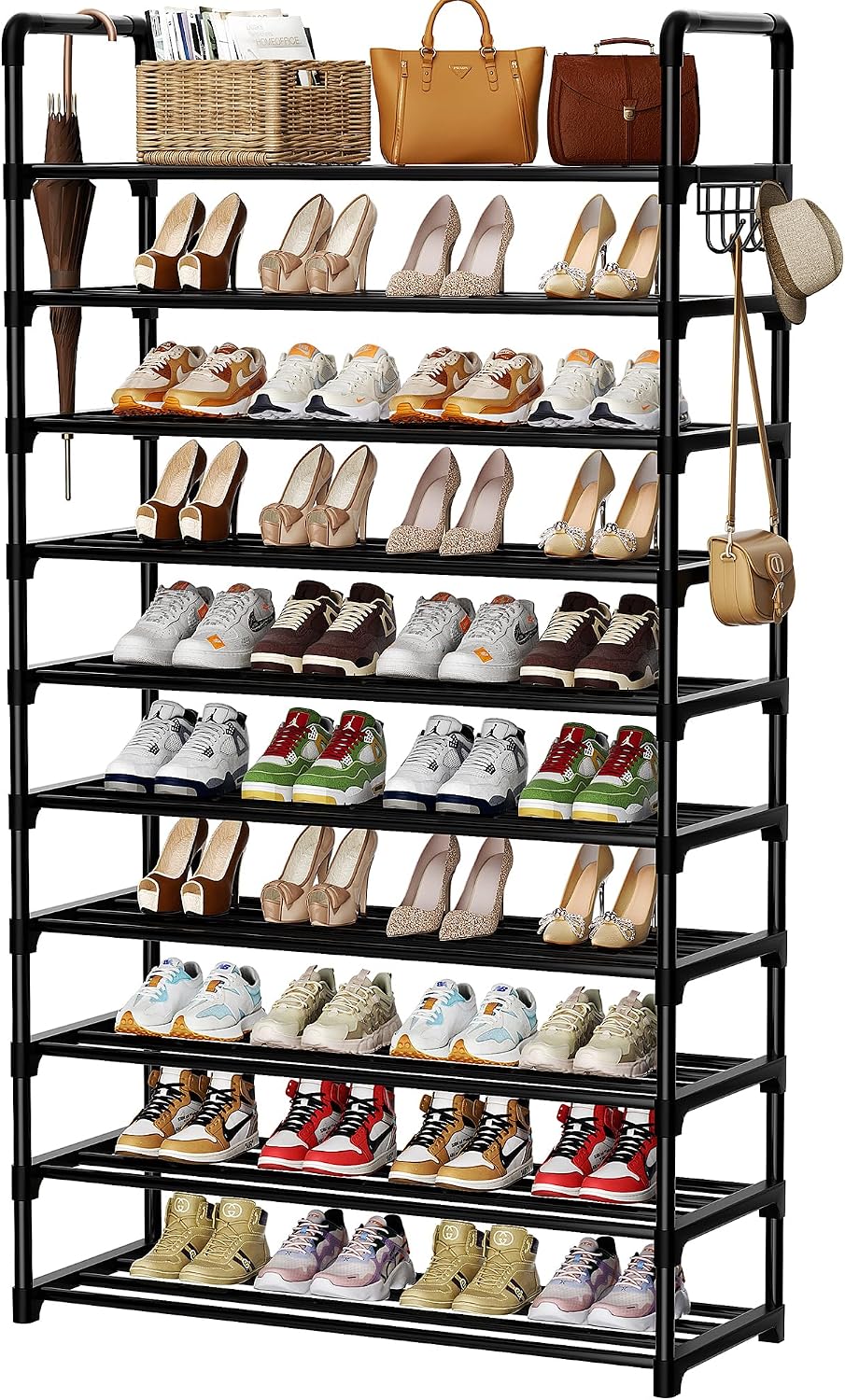 Shoe Rack, 10 Tier Shoe Storage Organizer with Hooks,Fit 40-45 Pairs Shoes,Metal Tall Shoe Shelf for Closet,Entryway, Hallway,Garage,Bedroom,Cloakroom