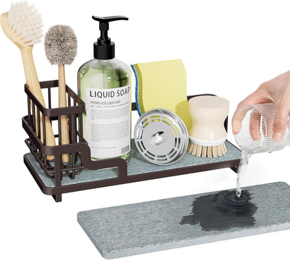 Consumest Sponge Holder for Kitchen Sink - Sink Caddy Organizer with Water Absorbing Stone Tray, Detachable Brush Holder, Stainless Steel Kitchen Counter Organizer Rack, Black