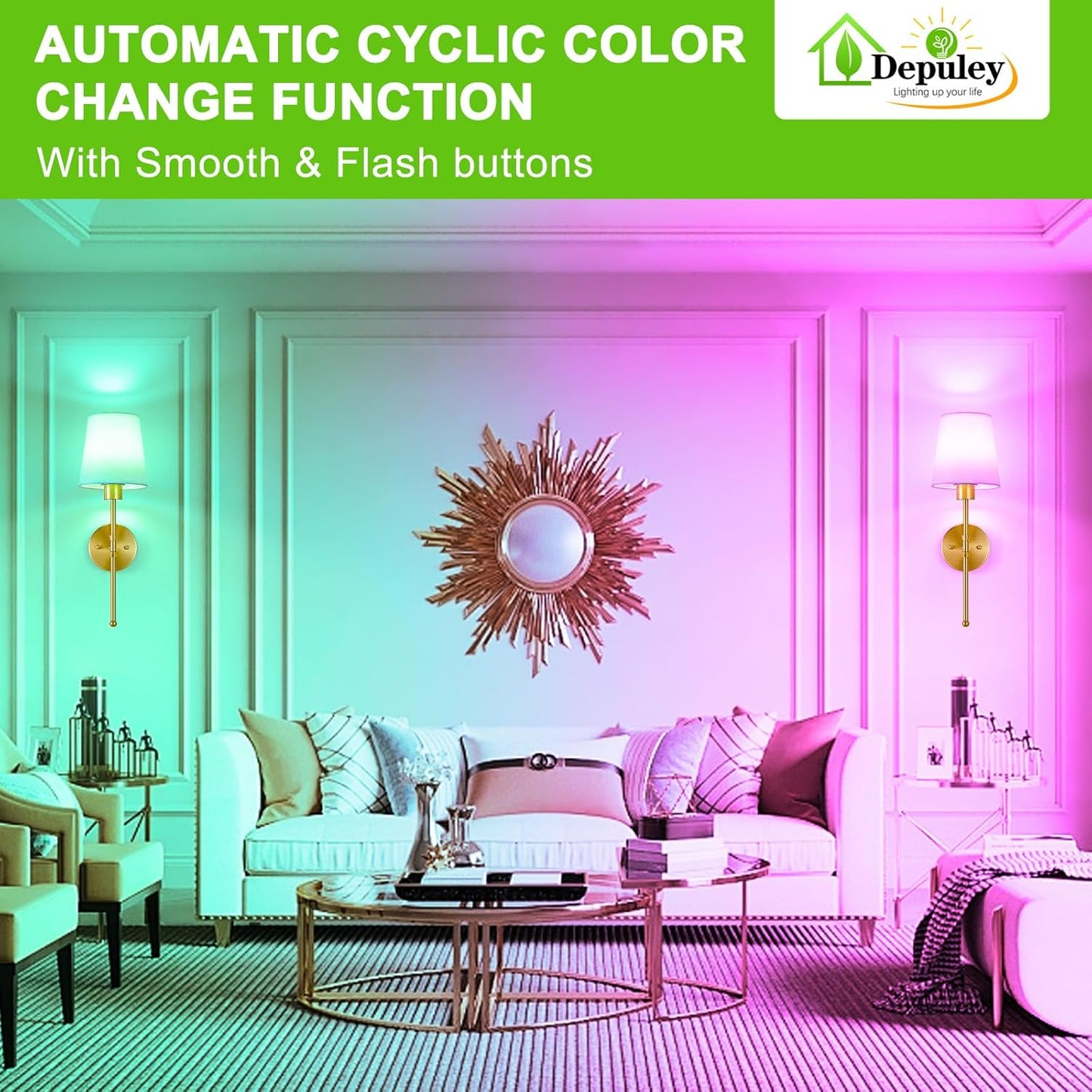 Depuley Battery Operated Wall Sconce: Set of 2 Wireless Wall Lights with 10000mAh Dimmable Bulbs and Remote for Bedroom - Rechargeable 15 Colors Gold Wall Lamp for Living Room Hallway
