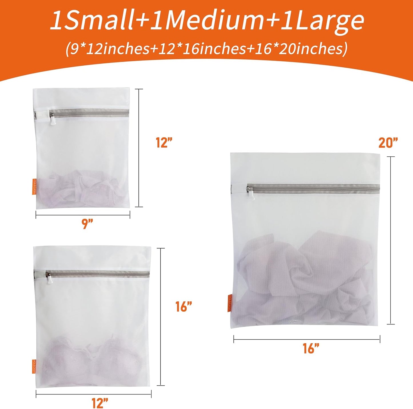 Polecasa Mesh Laundry Bags 3 Pack (Large, Medium, Small) | Durable Zipper, For Delicates, Lingerie, Bras, Underwear, Protect Garments in Washing Machine