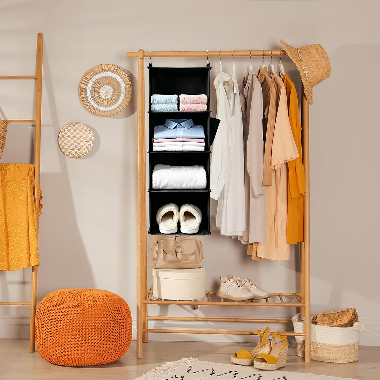 BOOMIBOO Hanging Closet Organizer and Shelves, 4 Shelves with 1 Side Pockets, Foldable, Grey Fabric, Modern Style, for Bedroom and Dorm Room (Grey)