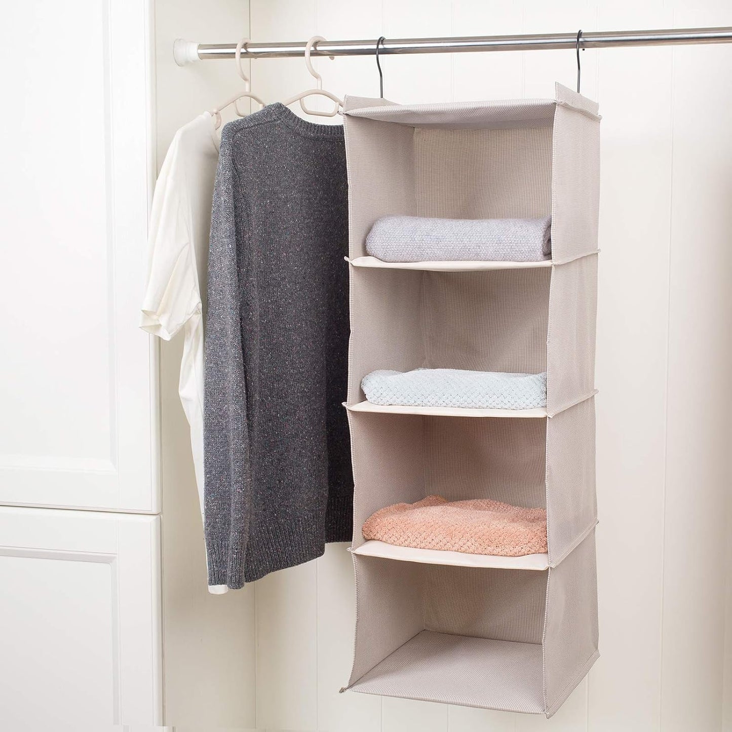 Hanging Closet Organizer 3-Shelf, Oxford Fabric Wardrobe Storage, Gray | Easy-mount foldable design holds clothes, handbags, shoes & accessories; washable Oxford fabric, sturdy and space-saving.