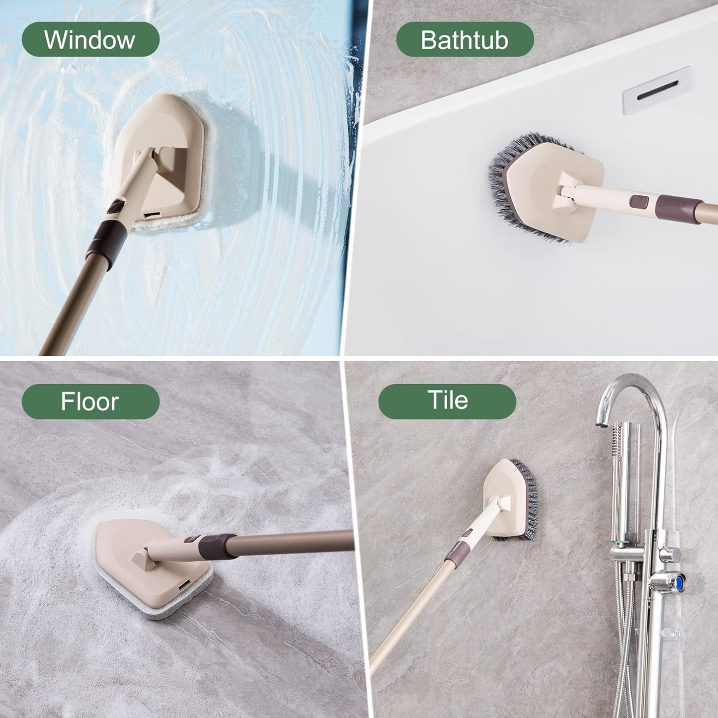 Eyliden Shower Scrubber with Long Handle, 2 Type Head, Tile Tub Scrub Brush | 49" Handle, 2 Different Function Cleaning - 1 Stiff Bristle + 2 Non-Scratch Pads, for Bathroom Grout Sink Glass Kitchen Floor