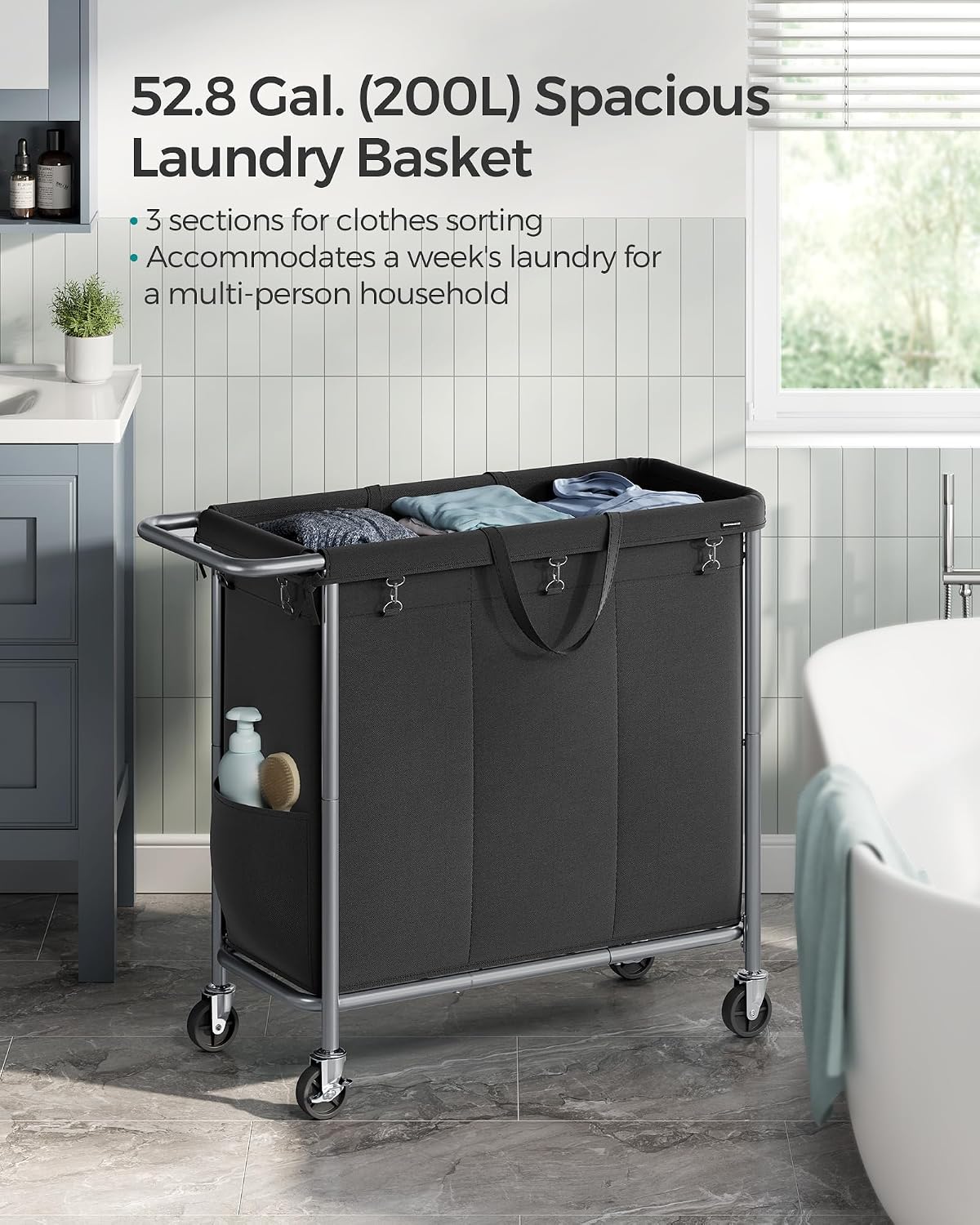 SONGMICS Laundry Basket with Wheels, 3-Section Rolling Laundry Hamper, 52.8 Gallons (200 L), Removable Liner, Steel Frame with Handle, 35.8 x 15.4 x 31.9 Inches, Cream White URLS005W01