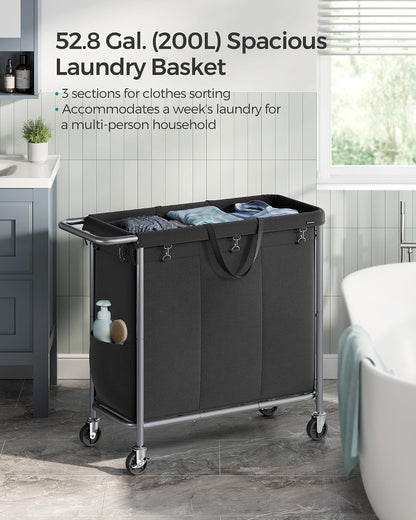 SONGMICS Laundry Basket with Wheels, 3-Section Rolling Laundry Hamper, 52.8 Gallons (200 L), Removable Liner, Steel Frame with Handle, 35.8 x 15.4 x 31.9 Inches, Cream White URLS005W01