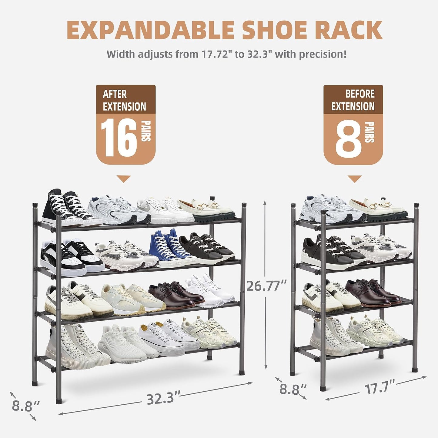 STORAGE MANIAC Expandable Shoe Rack for Closet, 8 Pairs Stackable Small Shoe Rack, Metal Adjustable Shoes Organizer for Entryway, Hallway, Garage, Front Door, Shoes Shelves, Black 2 Tier