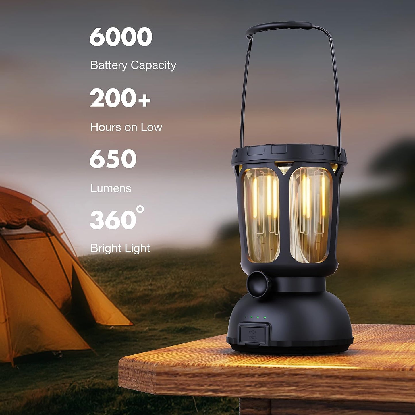 Raynic 6000 LED Camping Lantern, 650LM Hand Crank Solar Battery Powered Rechargeable Lantern, Emergency Lights for Home Power Failure, Hurricane, USB Cable Included