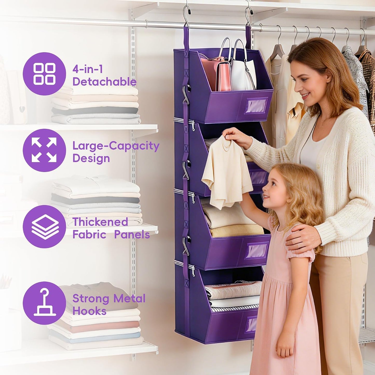 Hanging Closet Organizer 4 Tier, Hanging Shelves for Closet-Hanging Closet Organizer with Stackable Shelves,Versatile Fabric Storage Bins for Bedroom, RV, Nursery,Dorm(Purple)