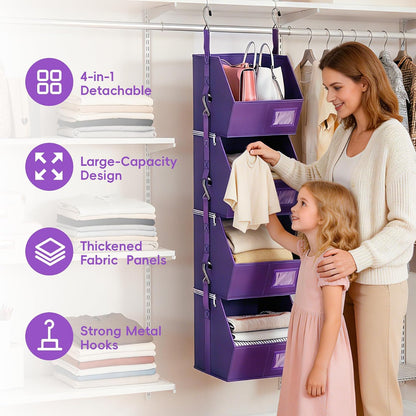 Hanging Closet Organizer 4 Tier, Hanging Shelves for Closet-Hanging Closet Organizer with Stackable Shelves,Versatile Fabric Storage Bins for Bedroom, RV, Nursery,Dorm(Purple)