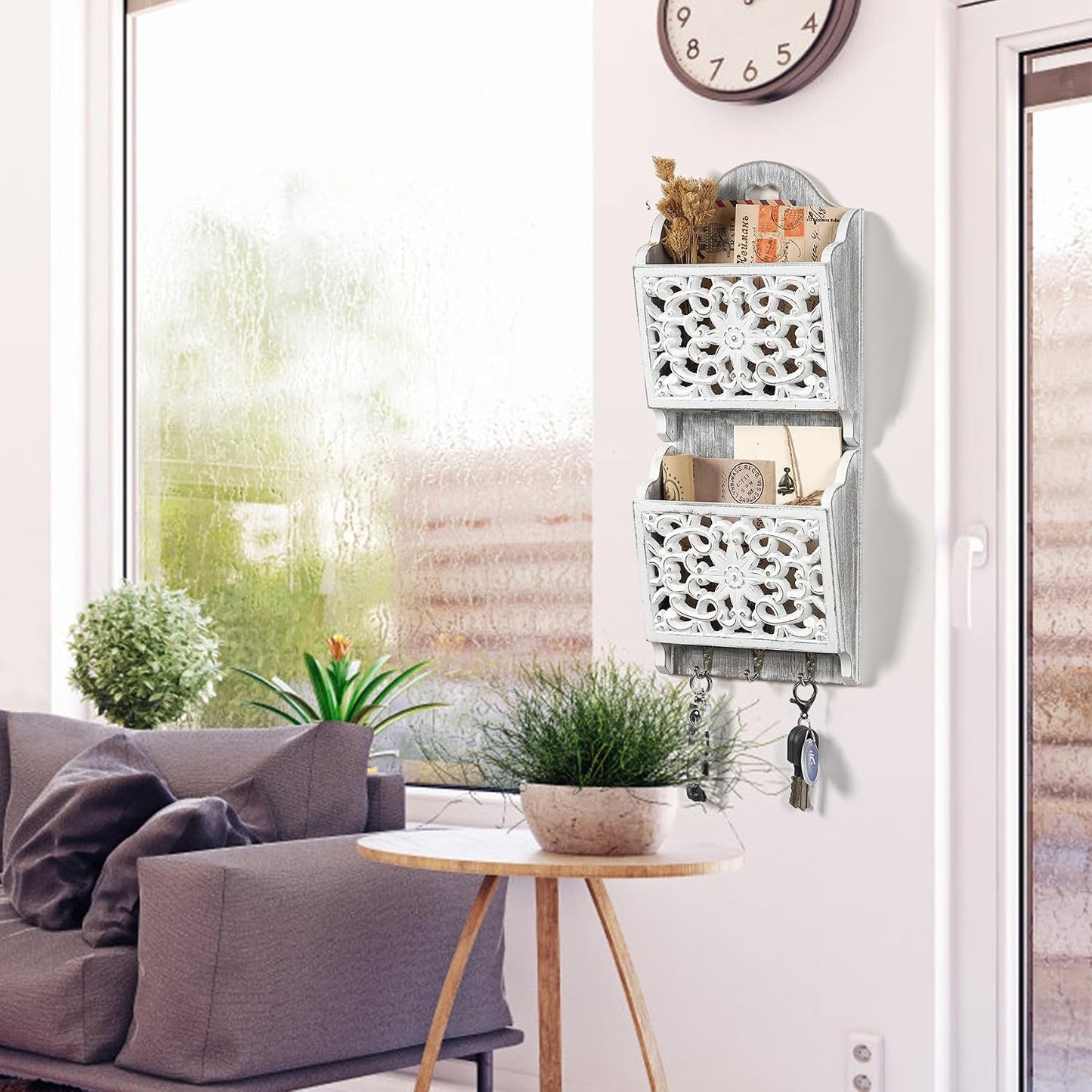 Mail Organizer Wall Mounted, 2 Slots Key Holder for Wall with 8 Hooks, Rustic Wood Key Rack with Shelf for Entryway Hallwall Farmhouse