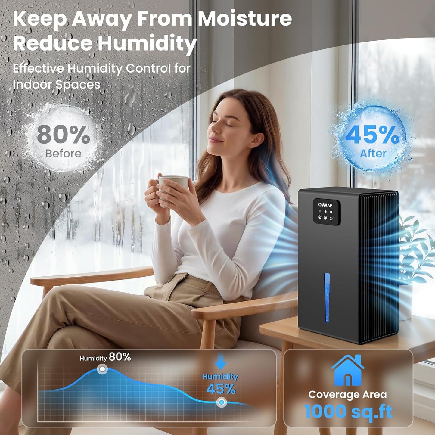 Dehumidifier, 1000 sq.ft Quiet Dehumidifiers for Home Bedroom Basement Bathroom with 95oz Water Tank, Sleep Mode, Auto Shut-Off 7 Colors LED Light, Black