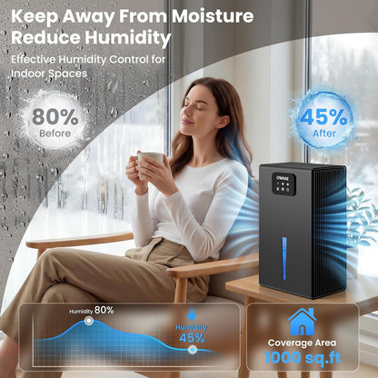 Dehumidifier, 1000 sq.ft Quiet Dehumidifiers for Home Bedroom Basement Bathroom with 95oz Water Tank, Sleep Mode, Auto Shut-Off 7 Colors LED Light, Black