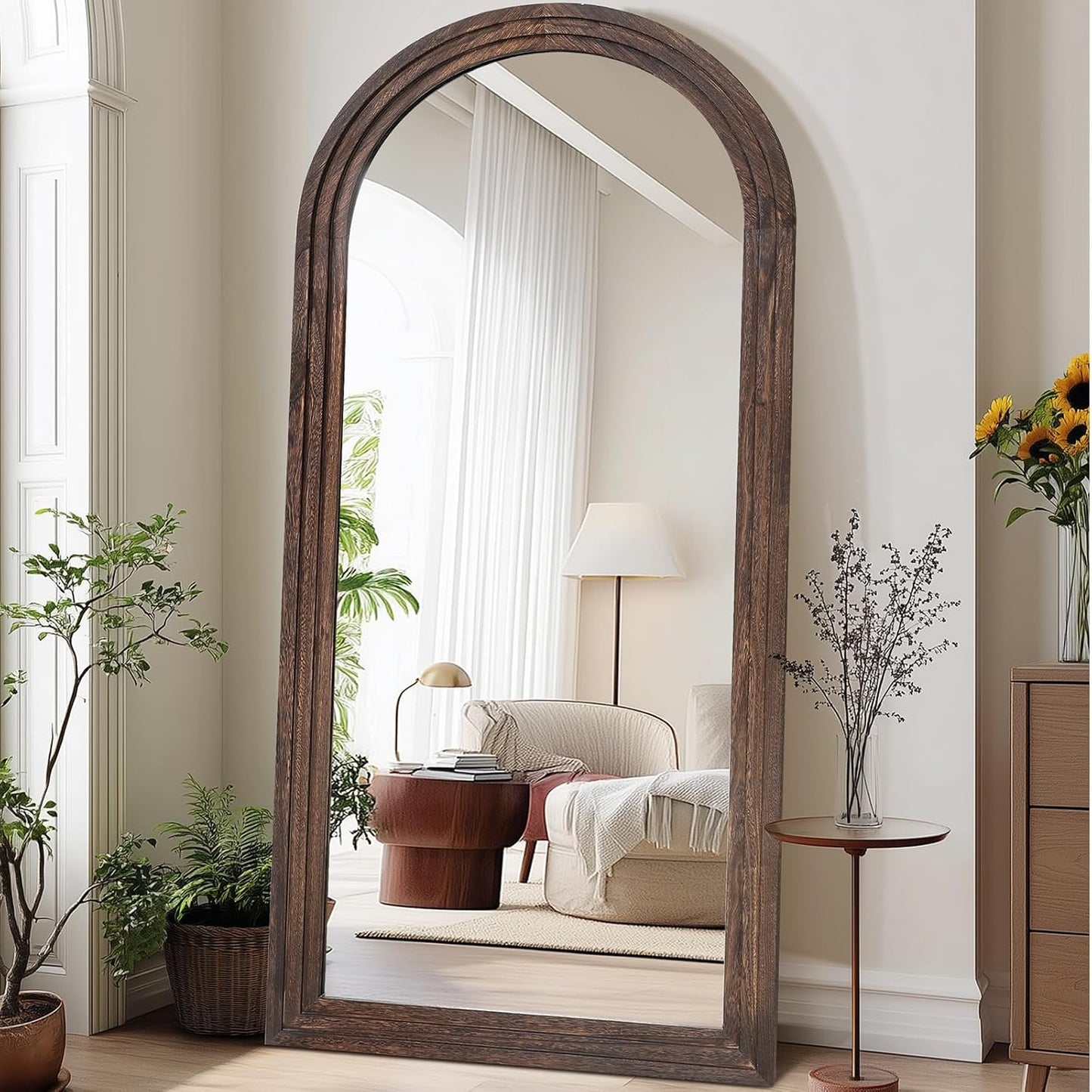 Solid Wood Full Length Mirror - 65"x22" Arched Floor Mirror, Free Standing & Wall Mounted - Elegant Design for Bedroom, Dressing Room, Hallway, Brown