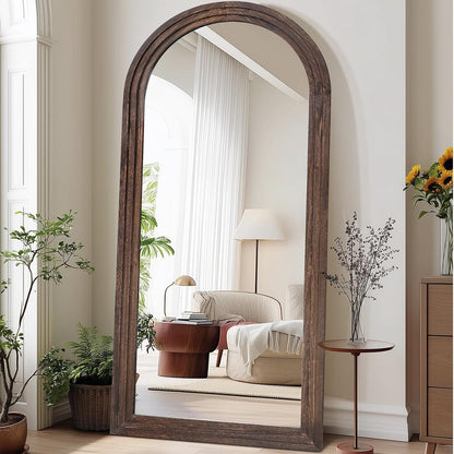 Solid Wood Full Length Mirror - 65"x22" Arched Floor Mirror, Free Standing & Wall Mounted - Elegant Design for Bedroom, Dressing Room, Hallway, Brown