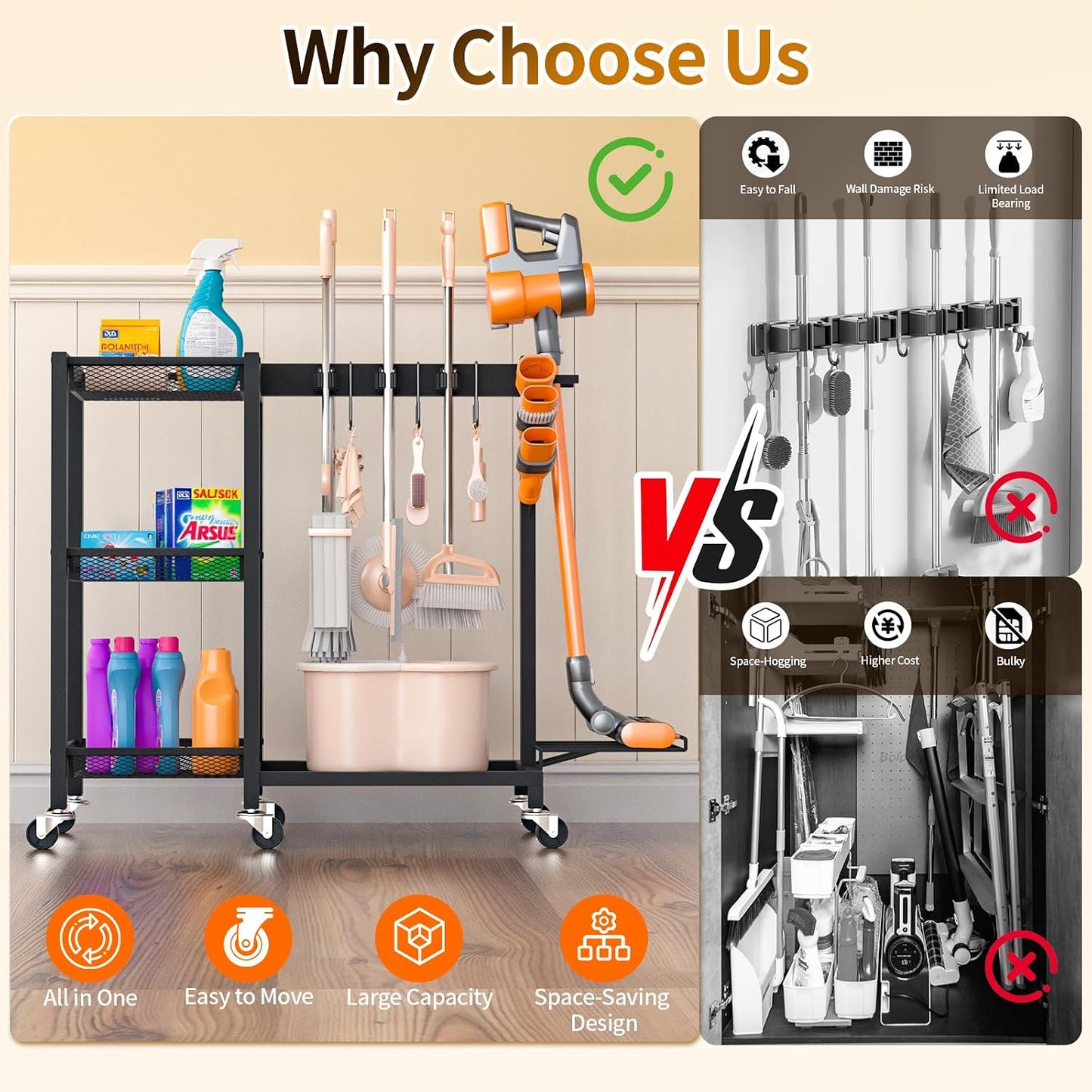 Broom Holder with Cleaning Supplies Organizer Load 160 LBS Cleaning Cart with Wheels Broom Closet Storage with 6 Mop Hanger Grippers, 3 Double-Hooks, Vacuum Stand for Laundry Garage Organization