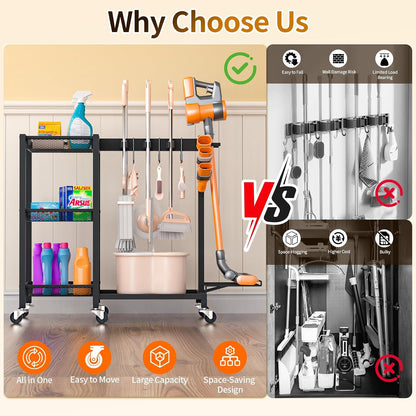 Broom Holder with Cleaning Supplies Organizer Load 160 LBS Cleaning Cart with Wheels Broom Closet Storage with 6 Mop Hanger Grippers, 3 Double-Hooks, Vacuum Stand for Laundry Garage Organization