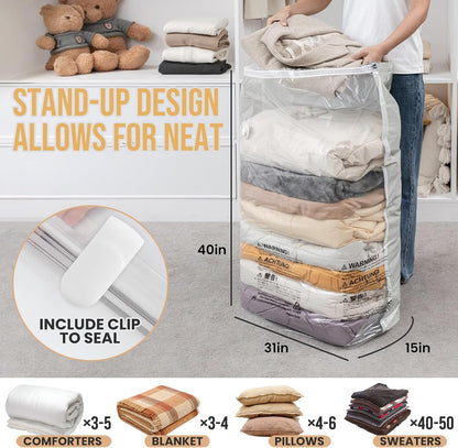TAILI Vacuum Storage Bags 4 Pack, Jumbo Cube (31x40x15 Inch), Extra Large Vacuum Seal Bags for Clothing, Comforters, Blankets, Pillow, Bedding, Sweater, No Pump Compression Cube, Cream