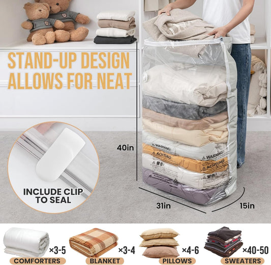 TAILI Vacuum Storage Bags 4 Pack, Jumbo Cube (31x40x15 Inch), Extra Large Vacuum Seal Bags for Clothing, Comforters, Blankets, Pillow, Bedding, Sweater, No Pump Compression Cube, Cream