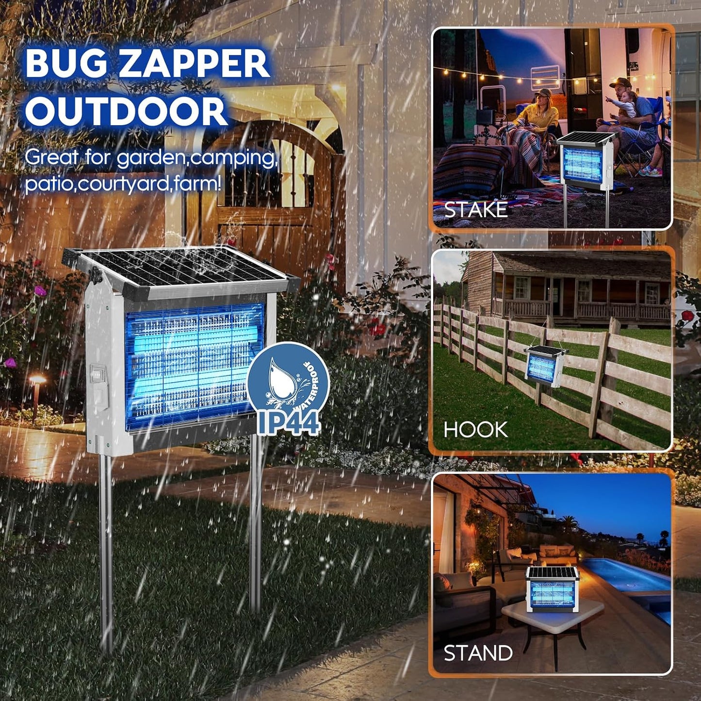 Solar Bug Zapper Outdoor, PhatroyYee Mosquito Zapper 4500V, Waterproof Portable Fly Zapper, Rechargeable Electric Mosquito Killer, Cordless Fly Insect Mosquitos Trap for Patio Yard Home Garden Camping