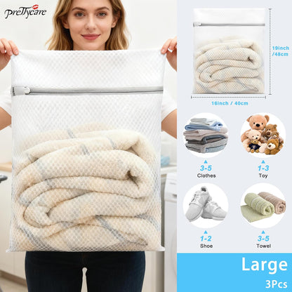 PrettyCare 3 Large (16x19inch) Mesh Laundry Bags for Delicates, Durable Honeycomb Wash Bags with Premium Zippers - Laundry Essentials Mesh Bags for Lingerie, Bras, Socks, Sweater, Travel & Organizing