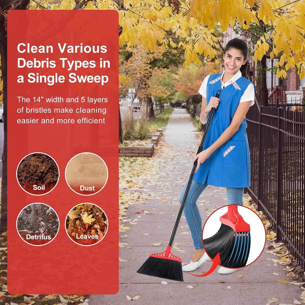 Tiumso Heavy Duty Angle Broom - 55" Adjustable Iron Handle with Stiff Bristles - Commercial-Grade Indoor/Outdoor Broom for Garage, Patio, Kitchen, Sidewalk & Concrete Cleaning (Black & Red)