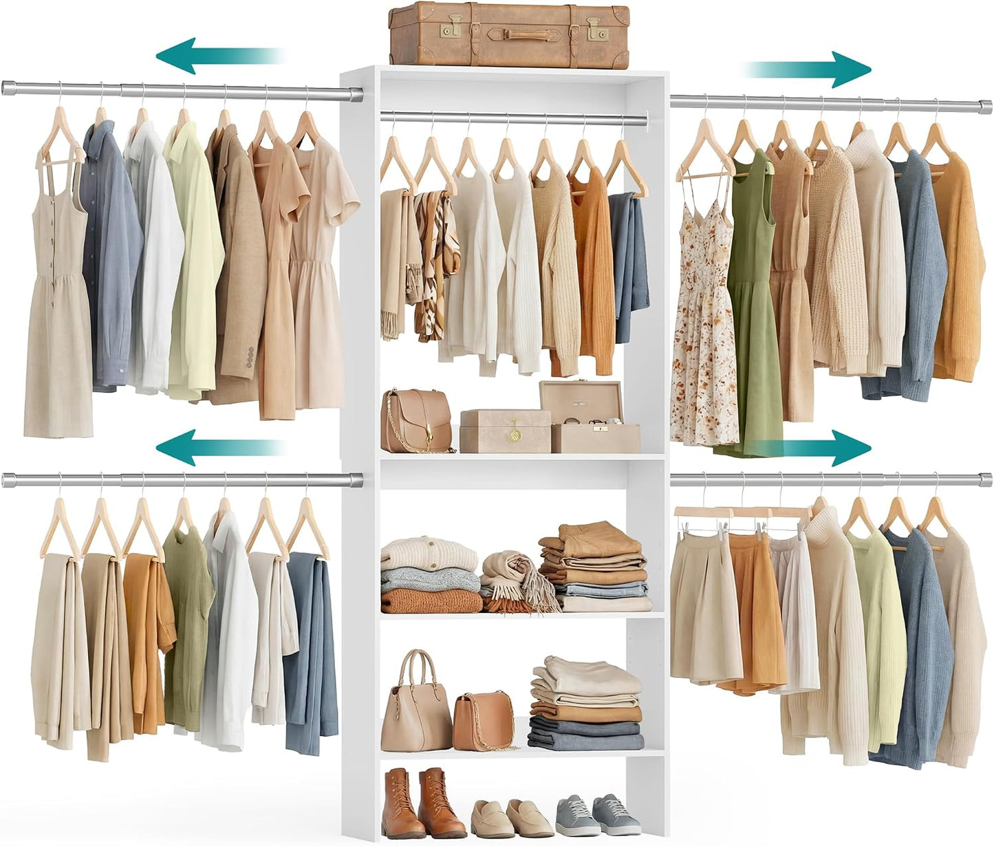 SONGMICS Closet System, Customizable Walk-In Closet Organizer System with Adjustable Hanging Rods and Storage Shelves, White, Fits Spaces 4-9.6 ft URGR040WZ01S