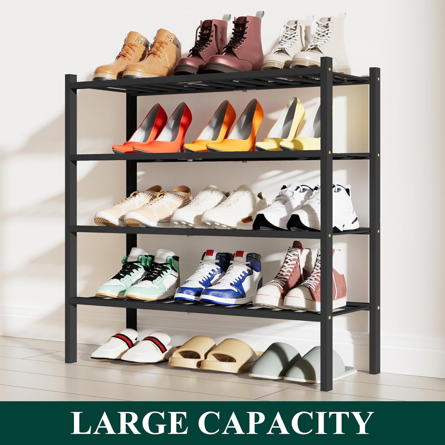 Smiry Bamboo Shoe Rack, 3 Tier Free Standing Wooden Shoe Organizer, Stackable Wood Shoe Storage Shelf for Closet, Entryway, 12 Vertical Slats, 2+1 Stack Standard Legs, 26.8"x11"x19.5", Natural