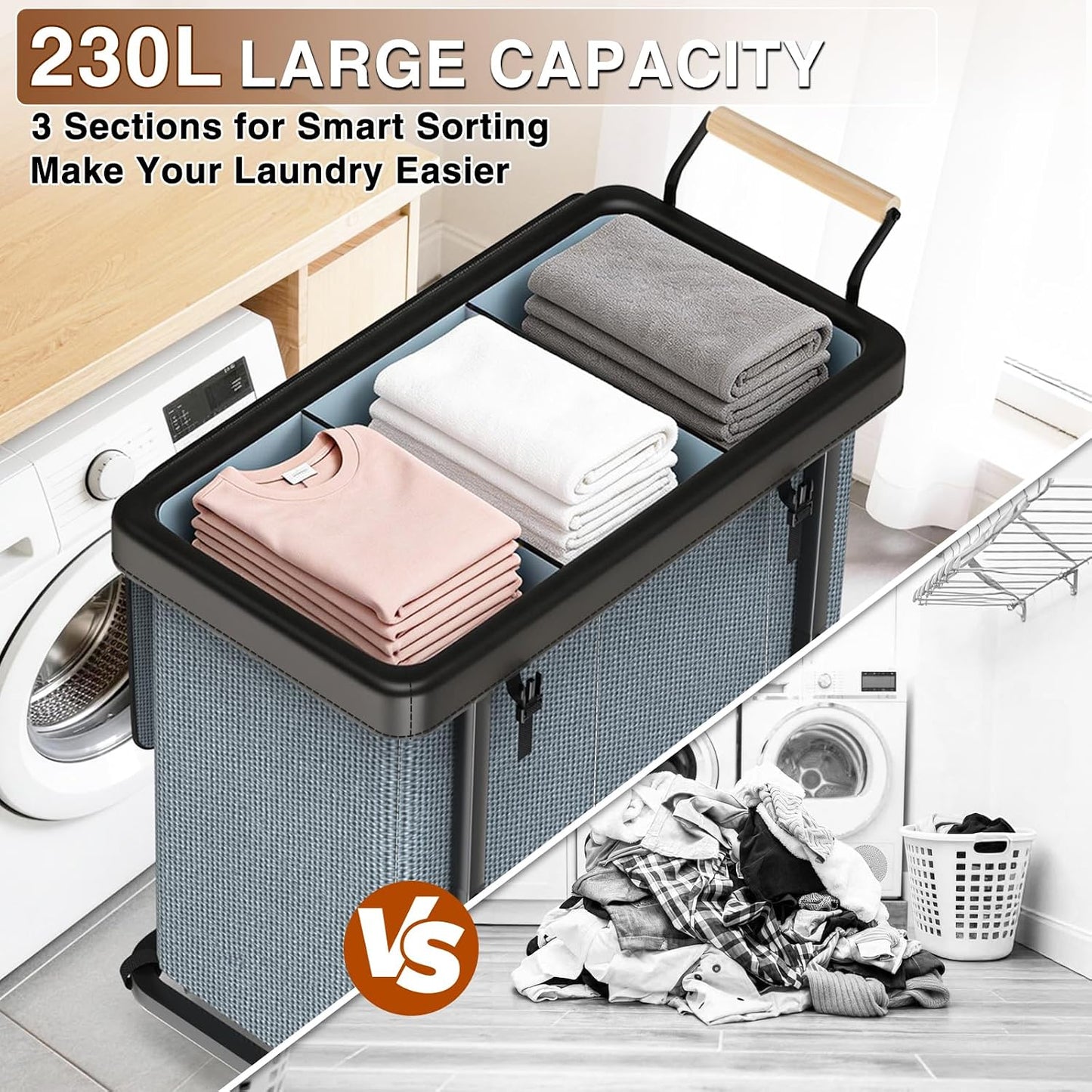 Rolling Laundry Hamper with Wheels, Laundry Hamper 3 Section with Lid, Laundry Basket with Rolling Lockable Wheels and Handle, Laundry Basket Organizer for Laundry Room, Bedroom 230L Black
