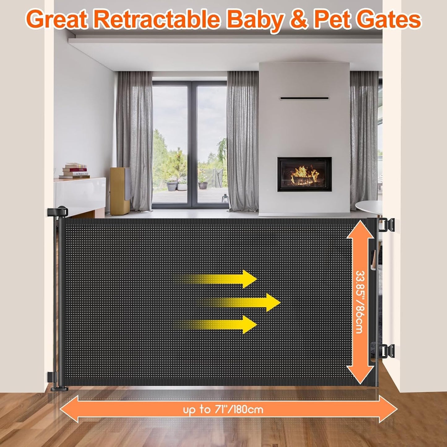 71 inch Retractable Baby Gates, EZIGO Extra Wide Baby Gate for Large Opening Extra Long Mesh Gate for Kids or Pet Dog Gate Child Safety Gate for Stairs Hallways Doorway Indoor Outdoor, Gray