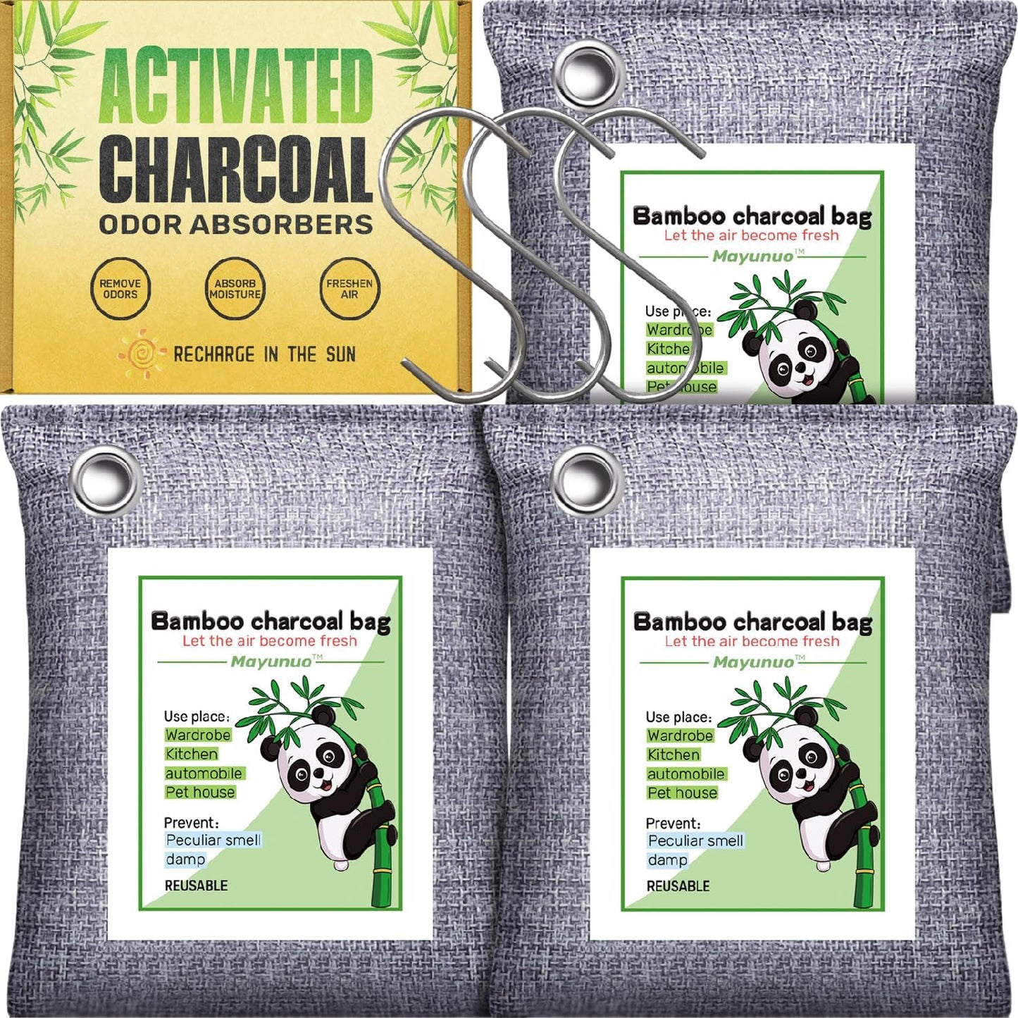 Activated Charcoal Odor Absorber, Natural Shoe Deodorizer Insert, Sneaker Odor Eliminator and Moisture Absorbers. 6 Pack Bamboo Charcoal Air Purifying Bags Shoe Smell Remover