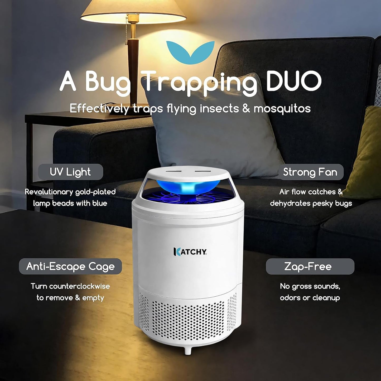 The Original Katchy Indoor Insect Trap - Fan Powered with UV Light - Fruit Fly Traps for Indoors - for Fruit Flies, Gnats, Mosquitoes, Moths (Black)