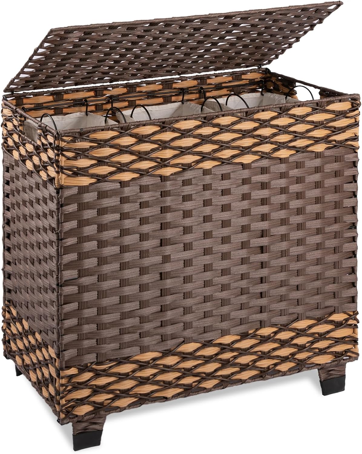 OIAHOMY Laundry Hamper with Lid, 140L Clothes Hamper with 3 Removable Liner Bags, Foldable Basket with Lid, Synthetic Wicker Laundry Basket for Bedroom, 27x 13 x 26 Inches, Yellow