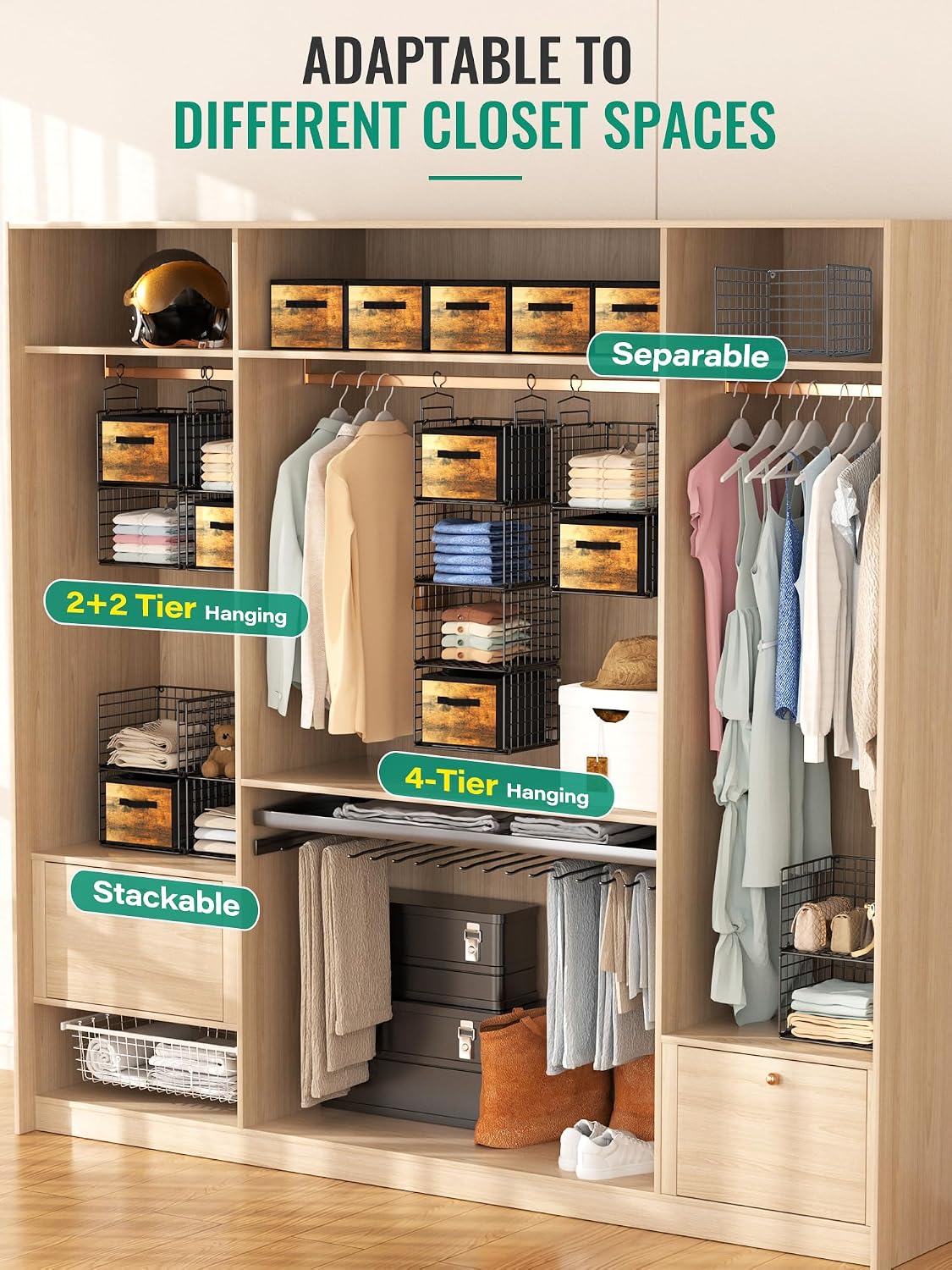 Hanging Closet Organizer, 4 Tier Metal Closet Organizers and Storage with 4 Hanging Hooks 4 S-Hooks for Wardrobe Laundry Room, Wire Storage Shelf for Clothes Sweaters Pants (White)