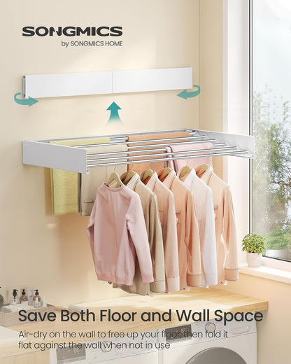 SONGMICS Wall Mounted Drying Rack, Clothes Drying Rack Foldable, 39.4 Inches Wide Laundry Clothes Airer with Wall Template, 6 Fold-Out Aluminum Alloy Bars, Indoor, Matte White ULLR810WE01