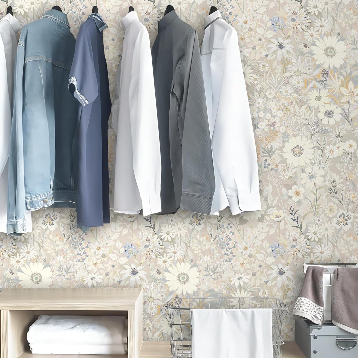Wallpaper Peel and Stick Floral Wall Paper Removable Waterproof Gray/Yellow/Blue Contact Paper for Bedroom, Bathroom, Home Wall 17.3" x 118"