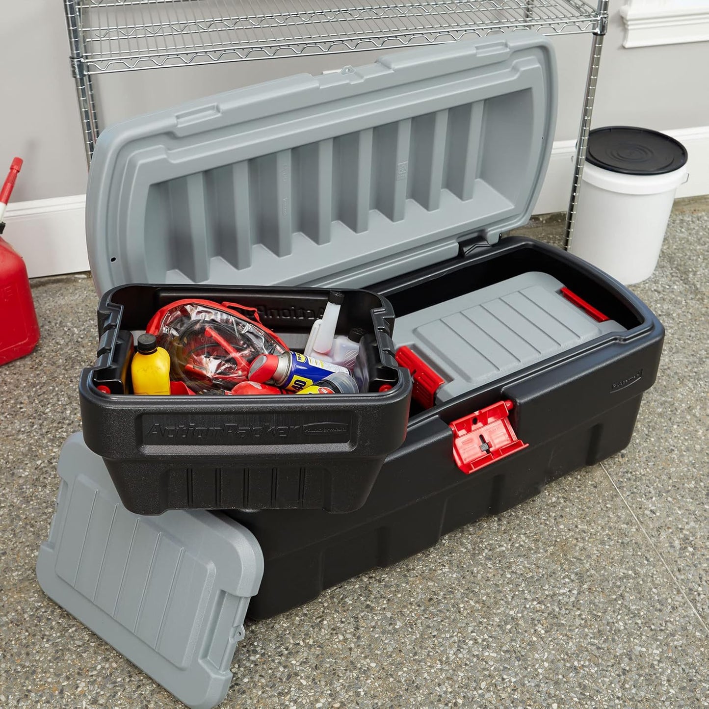 Rubbermaid ActionPacker 35 Gallon, Made in USA, Lockable Plastic Storage Bin with Lid and Wheels- Outdoor, Industrial, Rugged, Camping Gear and Truck Bed Storage - Gray and Black