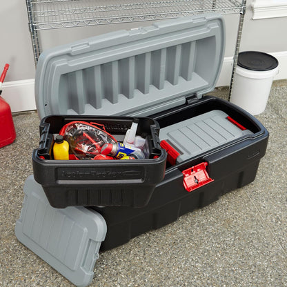 Rubbermaid ActionPacker 35 Gallon, Made in USA, Lockable Plastic Storage Bin with Lid and Wheels- Outdoor, Industrial, Rugged, Camping Gear and Truck Bed Storage - Gray and Black