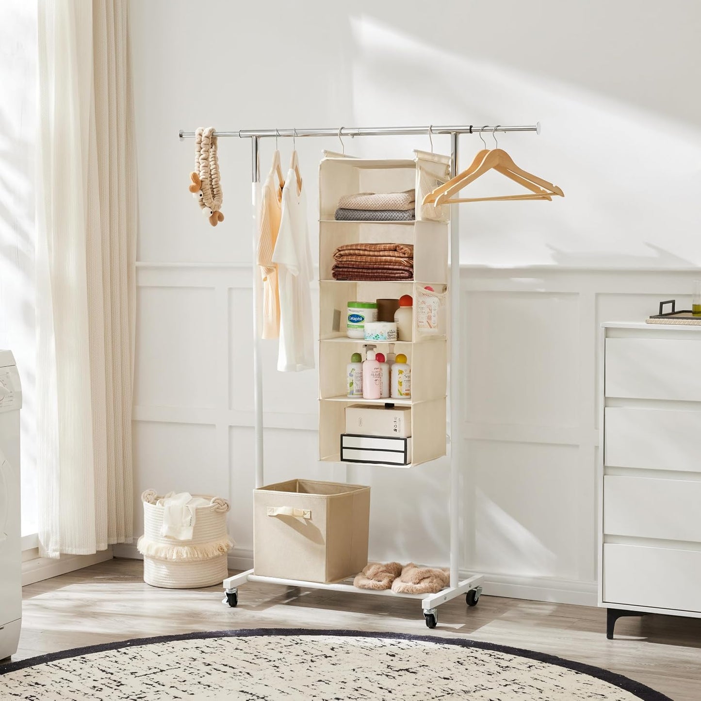 MAX Houser 4-Shelf Hanging Closet Organizer, Space Saver, Cloth Hanging Shelves with 2 Side Pockets, Foldable (Beige)