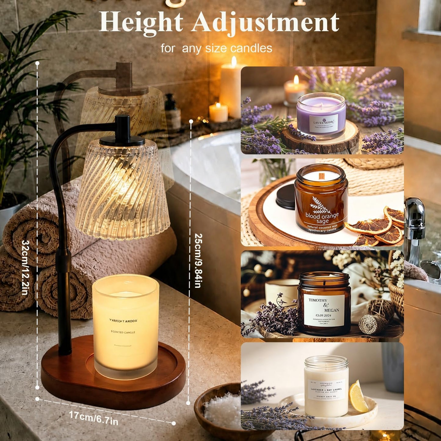 Candle Warmer Lamp - 2/4/8h Timer & Stepless Dimmable Candle Lamp with 3.9ft Cord, Adjustable Height Wax Melt Warmer for 2-6'H Jar Candles, Streamlined Flameless Ambiance Light for Bathroom Bedroom