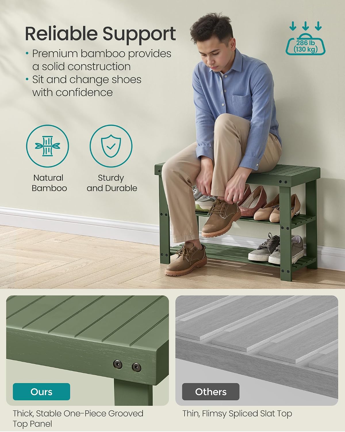 SONGMICS Shoe Rack Bench, 3-Tier Bamboo Shoe Storage Organizer, Entryway Bench, Holds Up to 286 lb, 11.3 x 27.6 x 17.8 Inches, for Entryway Bathroom Bedroom, Ink Black ULBS04H