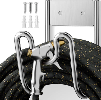 Garden Hose Holder Wall Mount - SS304 Stainless Steel Water Hose Hanger Heavy Duty Rack for Extension Cords Vacuum Hose Outside Silver (1 Pack)