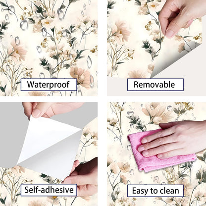 Peel and Stick Wallpaper, Soft Wildflower Botanical Contact Paper, PVC Vinyl Removable Wall Covering, Waterproof Easy-Clean, No Residue Renter Friendly, Neutral Decor, 39.4x17.3 in (Flowers2)