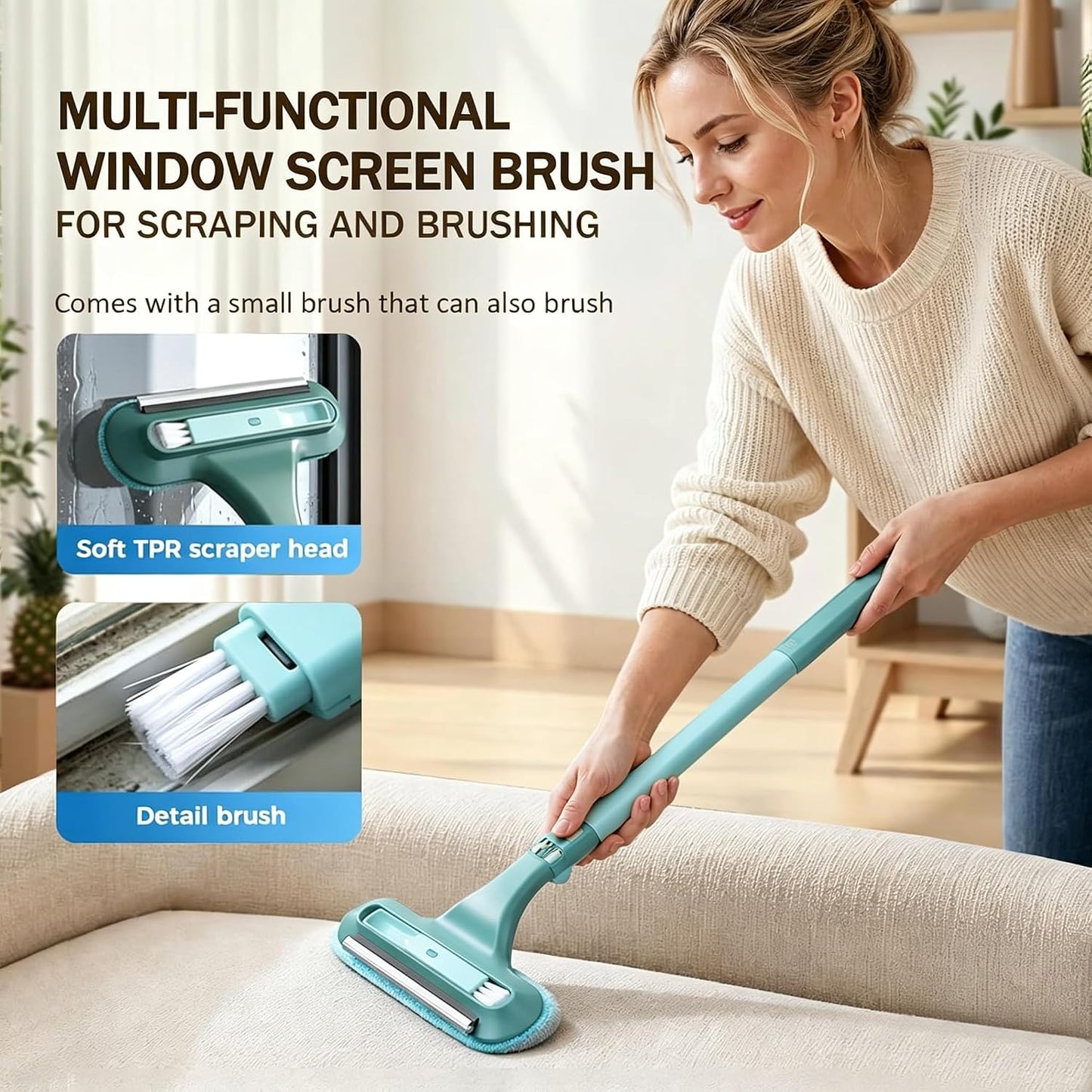 Window Screen Cleaning Brush, 2 in 1 Window Screen Cleaner Tool with Squeegee, Multi-Purpose Cleaning Brush for Patio, Door, Porch Screens